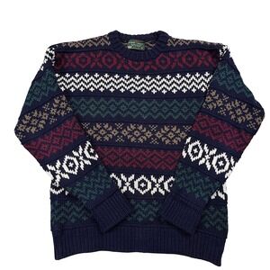 Lord Jeff Mens Cotton Fair Isle Crewneck Sweater Size Large Navy Multicolor EUC!